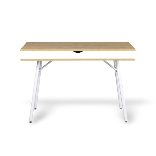 Wooden table with white metal legs on a white background