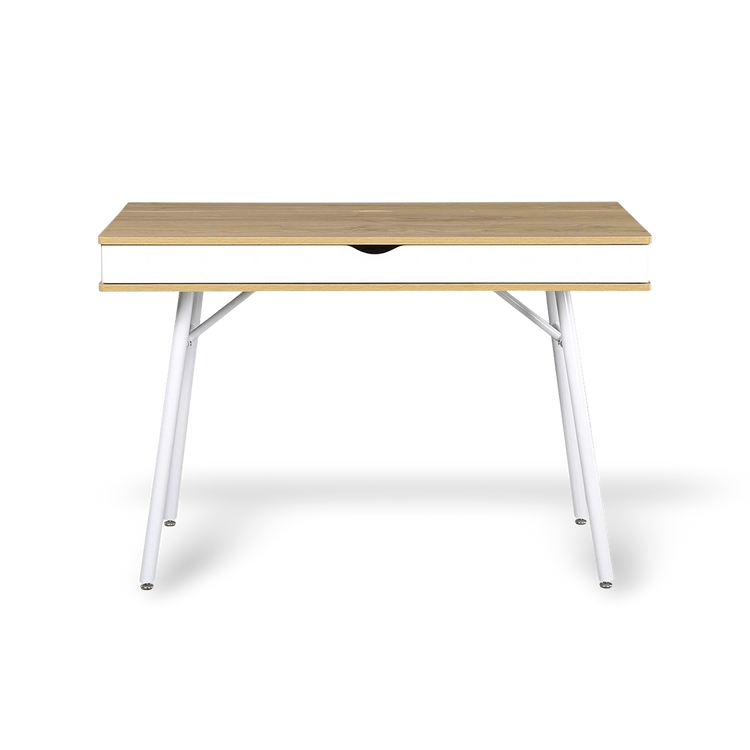 Wooden table with white metal legs on a white background