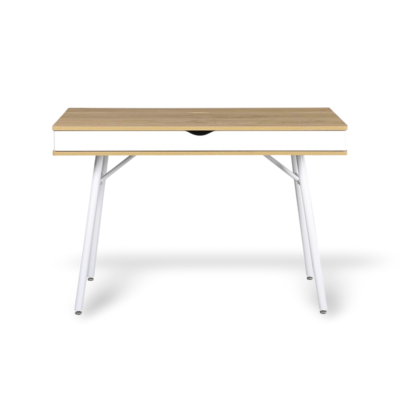 Wooden table with white metal legs on a white background