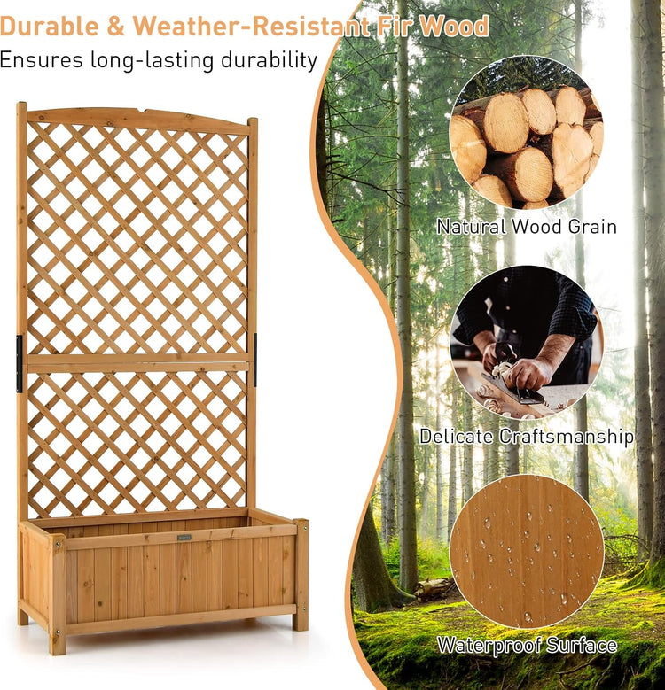 Wooden trellis planter with images of a forest, wood grain, craftsmanship, and waterproof surface.