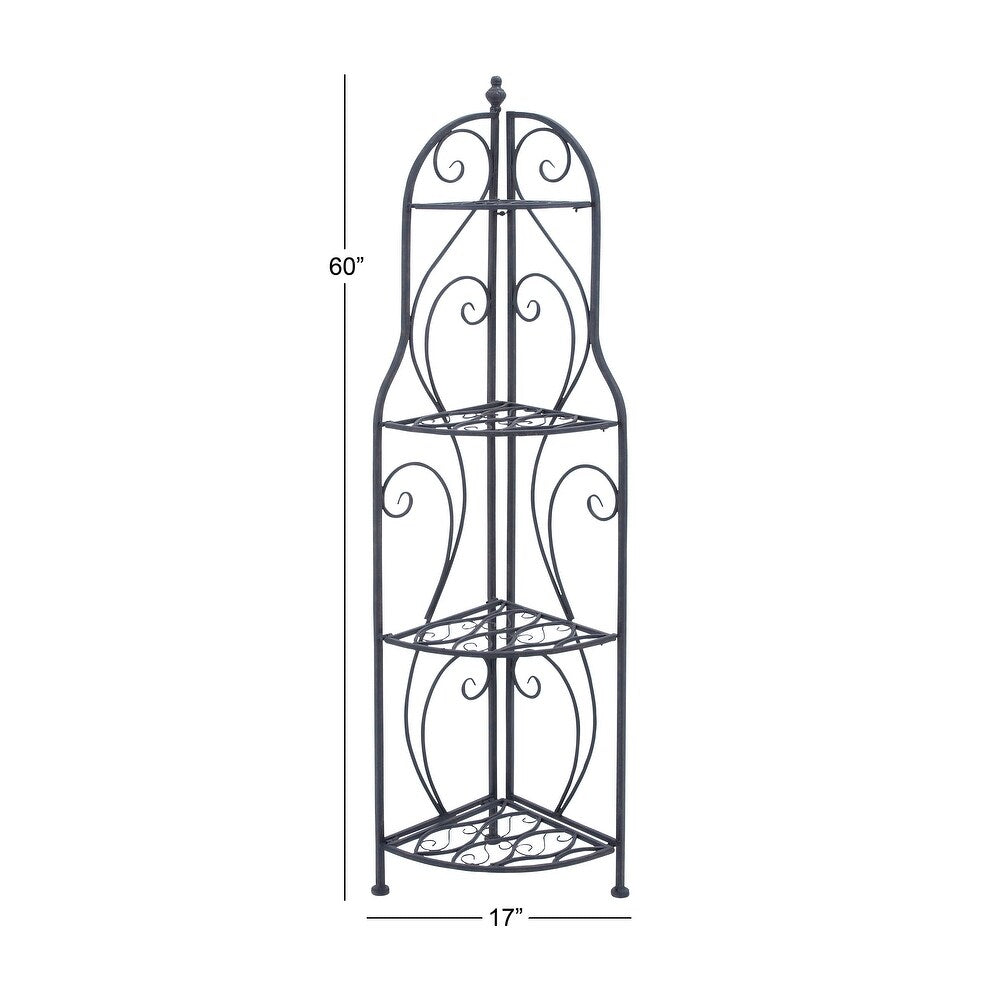 Wrought iron corner shelf with dimensions on a white background