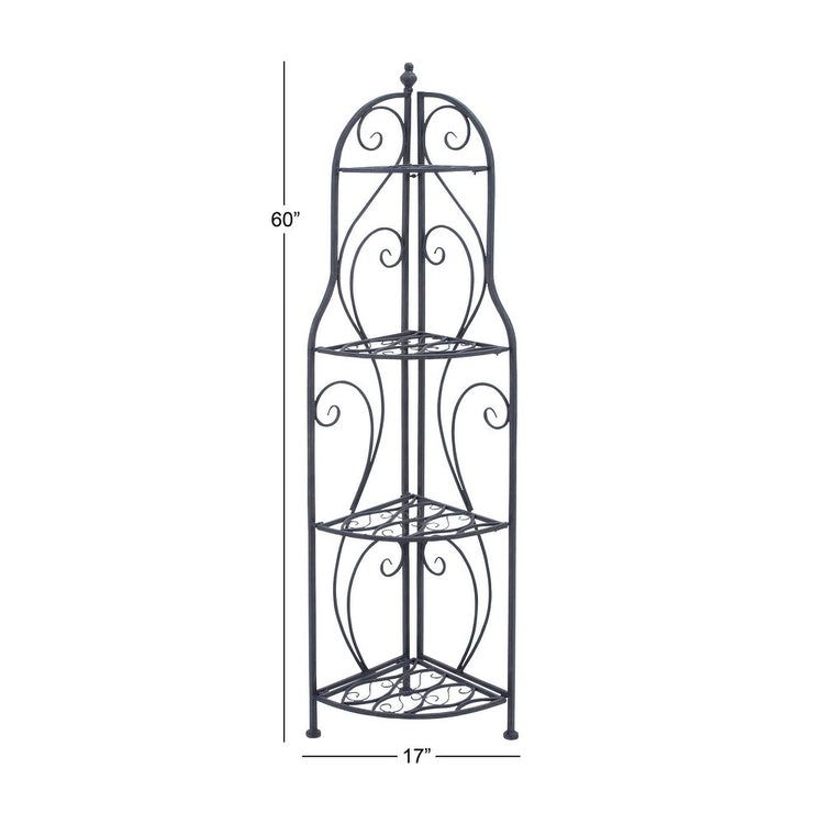 Wrought iron corner shelf with dimensions on a white background