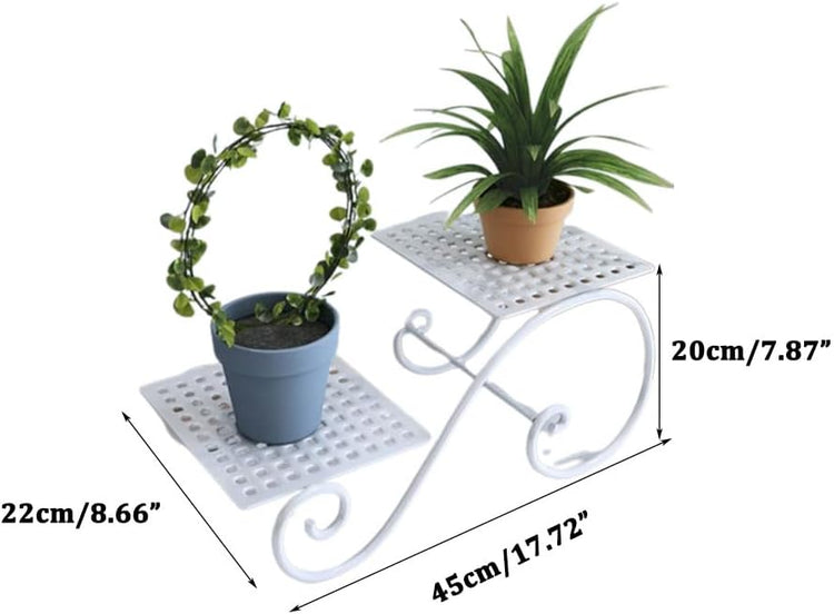 Wrought iron six-tier plant stand, space-saving vertical display with perforated shelves and curved scroll legs.