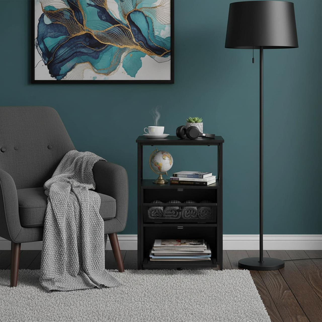 X Design Black Metal Nightstand with flip drawers beside a gray chair in a teal-walled living room.