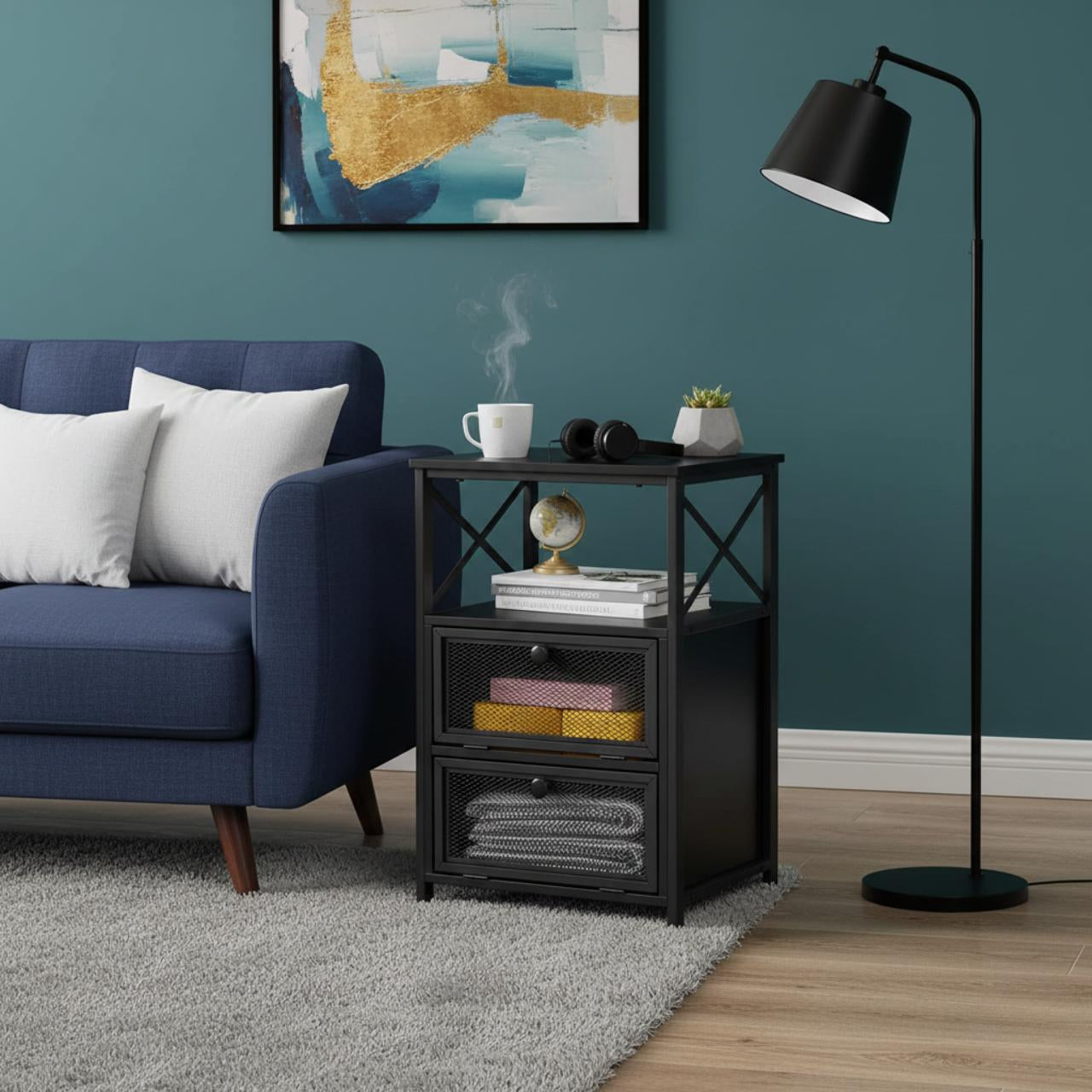 X Design Black Nightstand End Table With Flip Drawers Metal beside a blue sofa; metal frame, top mug and plant.