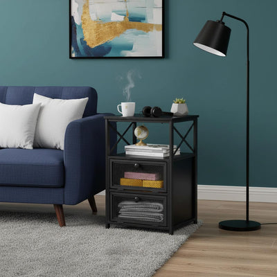 X Design Black Nightstand End Table With Flip Drawers Metal beside a blue sofa; metal frame, top mug and plant.