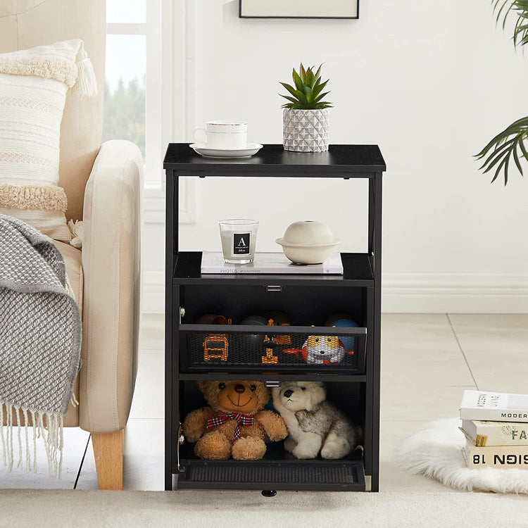 X Design Black Nightstand End Table With Flip Drawers Metal beside a sofa, showing two flip drawers and a metal frame