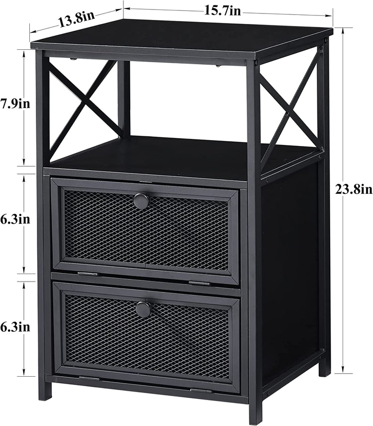 X Design Black Nightstand End Table With Flip Drawers, metal frame, two mesh-front drawers, open upper shelf
