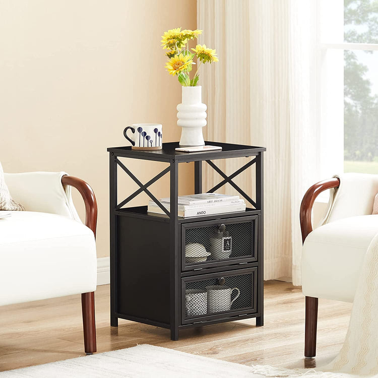X Design black metal nightstand with flip drawers, cross-brace frame, and two mesh-front drawers.