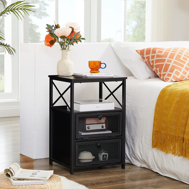 X Design black metal nightstand with two flip-front mesh drawers and open top shelf.