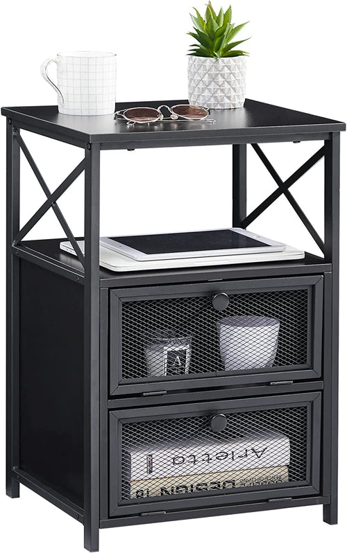X Design black metal nightstand with two mesh-front drawers, open shelf, and cross-brace frame.
