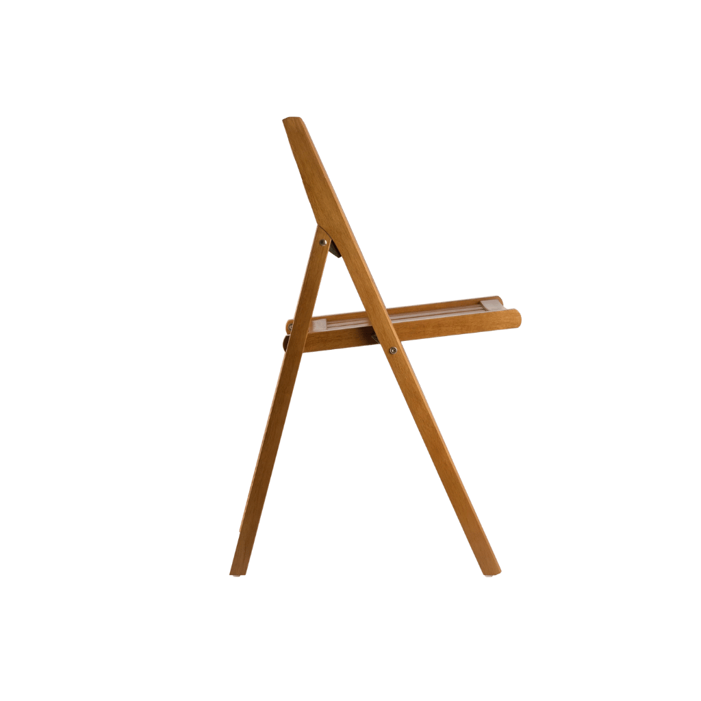 Architectural A-frame folding chair made of solid teak; features a slim, space-saving design and weather-resistant natural finish for indoor or outdoor use.