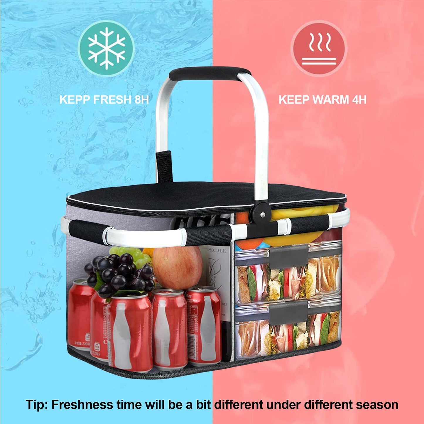 35L Large Picnic Basket Shopping Travel Camping Grocery Bags 2 Layers of Internal Pockets Leak-Proof and Insulated Folding, Internal Support Does Not Collapse