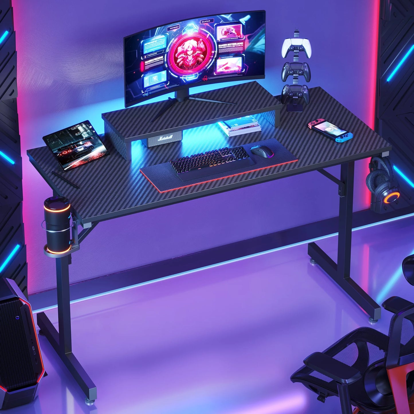 42" Gaming Desk with LED Lights, Monitor Stand, Hook, and Cup Holder