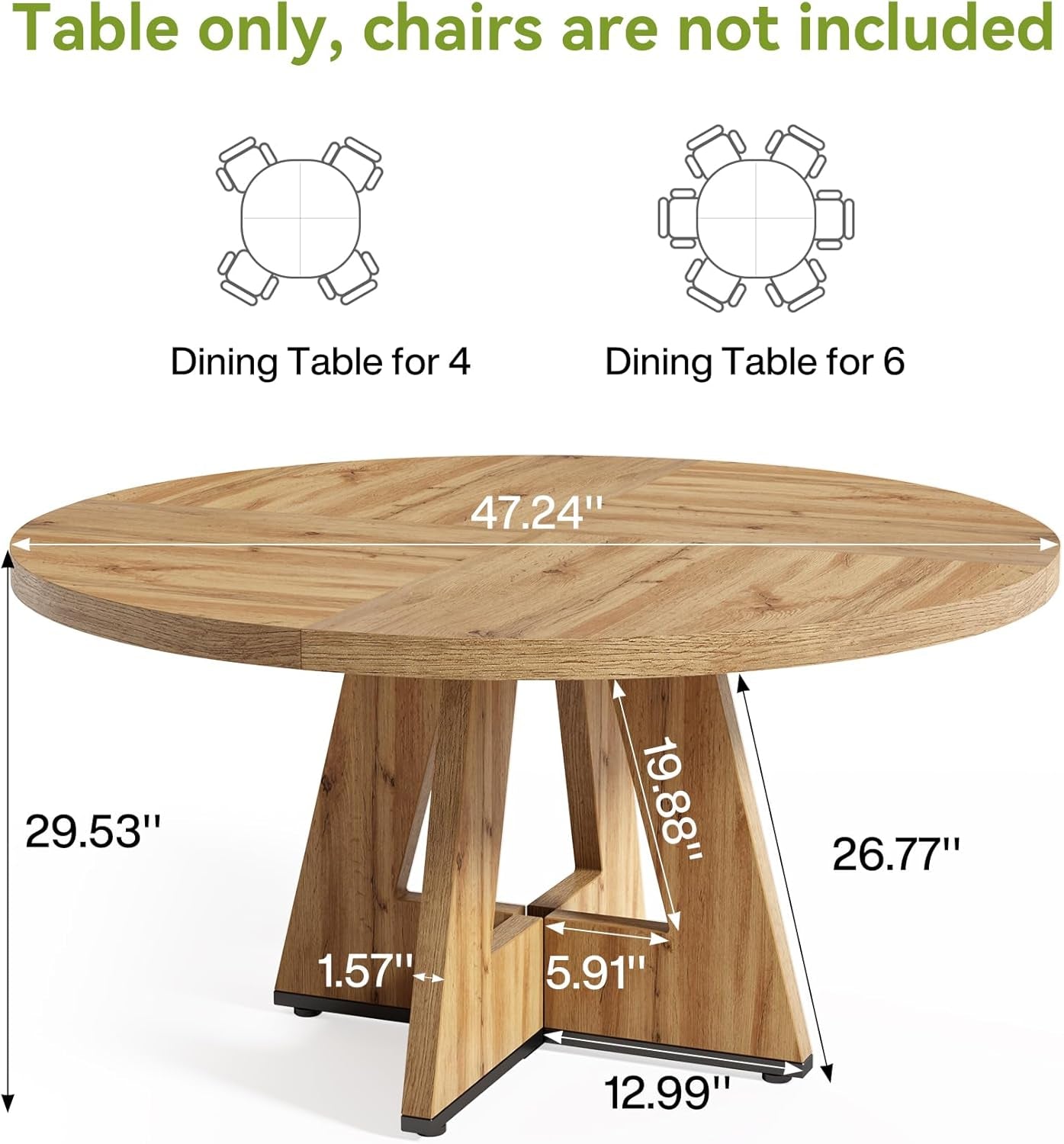 Round Dining Table For 4-6 People 47 Inch Solid Wood