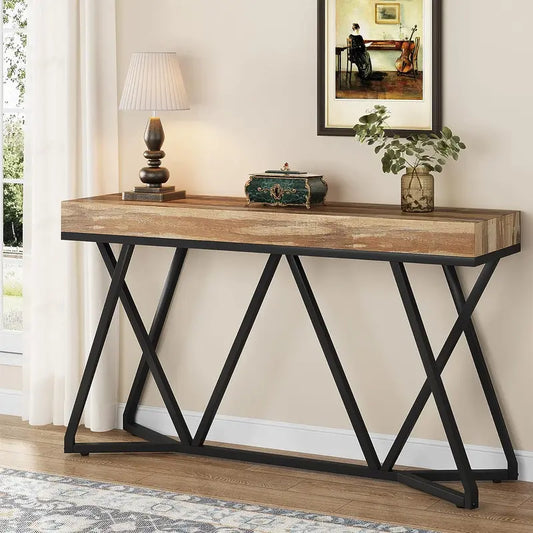 55" Farmhouse Console Table with Unique Metal Base