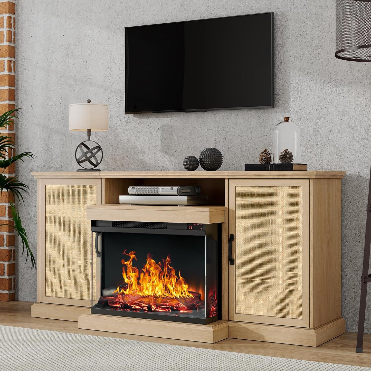 3-Side Glass TV Stand with Rattan Cabinet and Fireplace