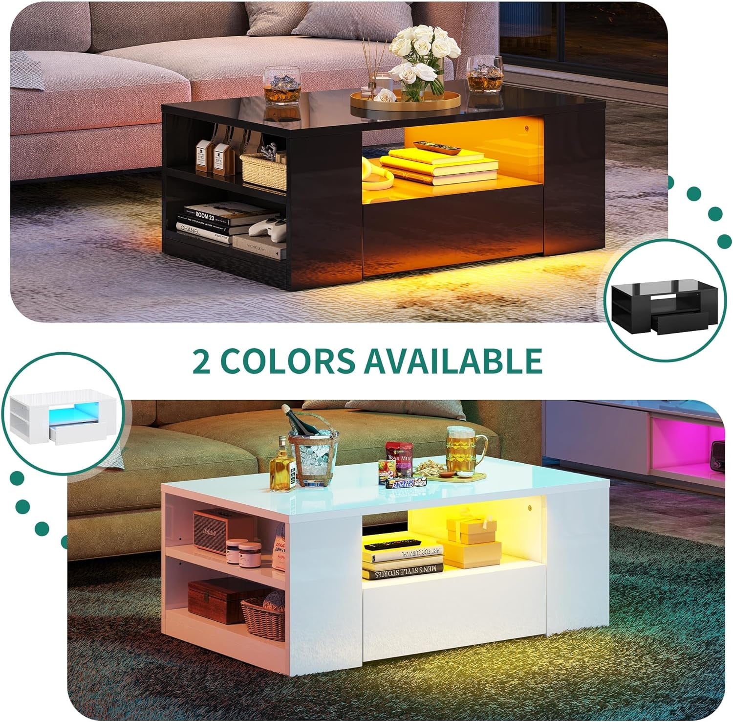 Modern Center Table with Storage and LED Light