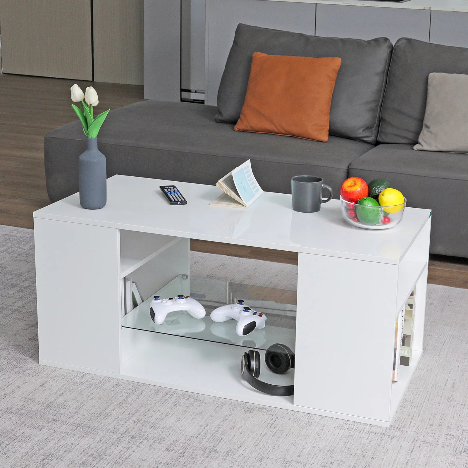 White Coffee Table with LED Lights Living Room Table Glass Open Shelves High Gloss Rectangle Center Table Sofa Side Cocktail Tables