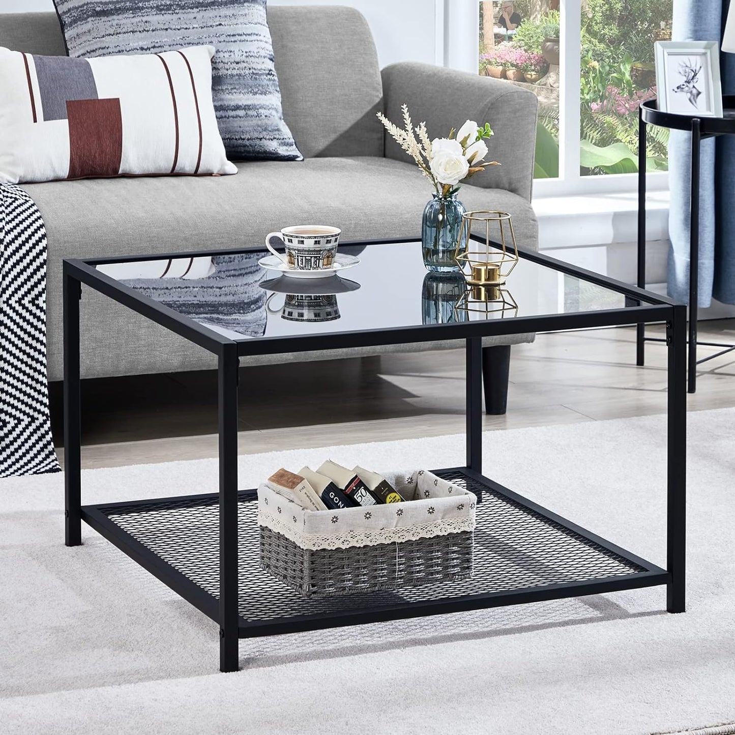 Coffee Table with Storage Modern Glass Coffee Tables Square Industrial Simple Center Table for Living Room Home Office Small Space 27.6 X 27.6 X 17.7 Inches Easy Assembly Gray Black