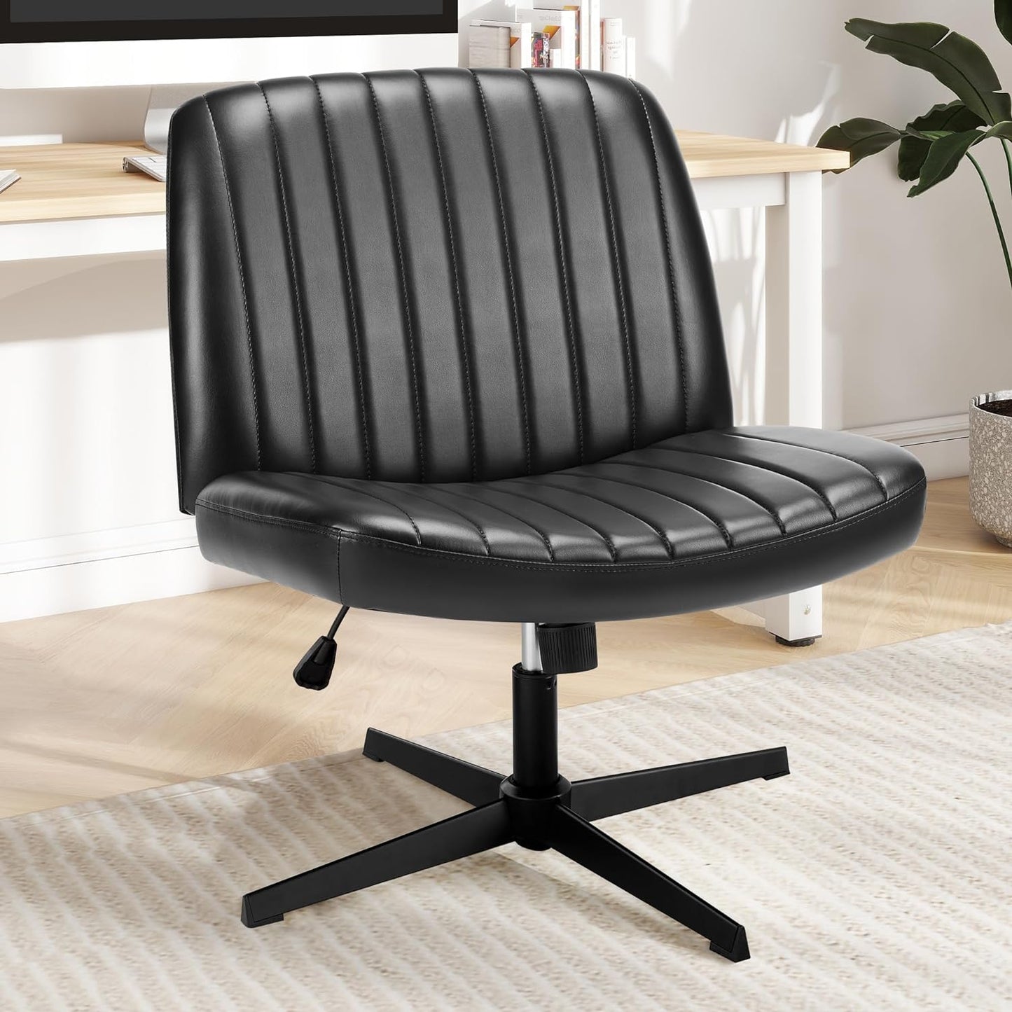 Criss Cross Chair, Cross Legged Office Chair, Wide Comfty Desk Chair, No Wheels Armless Computer Task Chair, Swivel Fabric Vanity Home Chair, Height Adjustable