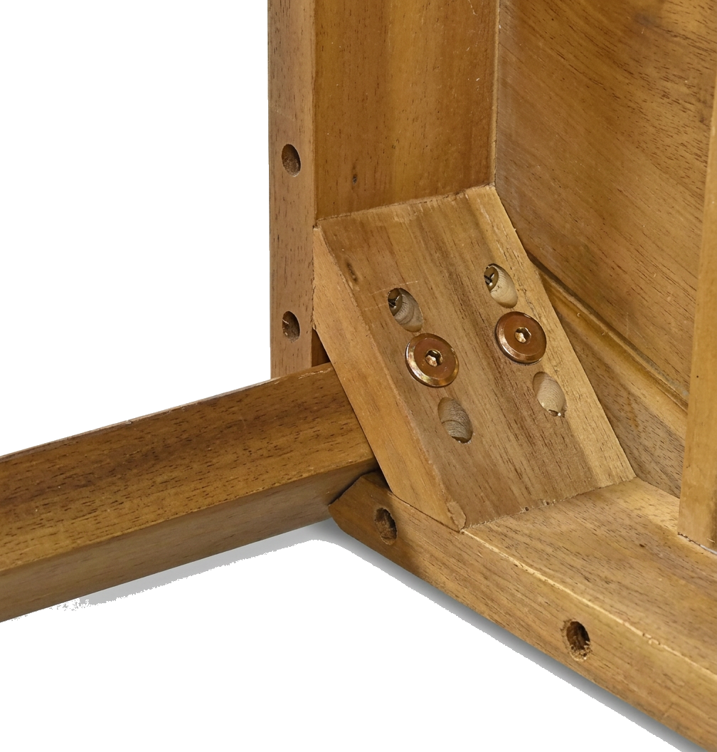 Corner brace joinery on the acacia wood bench frame, showing the reinforced structural connection