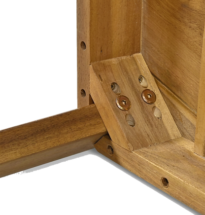 Corner brace joinery on the acacia wood bench frame, showing the reinforced structural connection