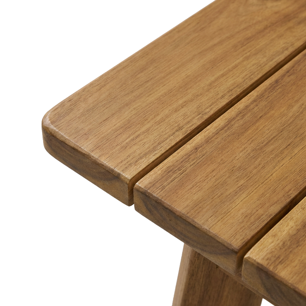 Arc-edge profile of the acacia wood bench seat, showing the sanded curved edge