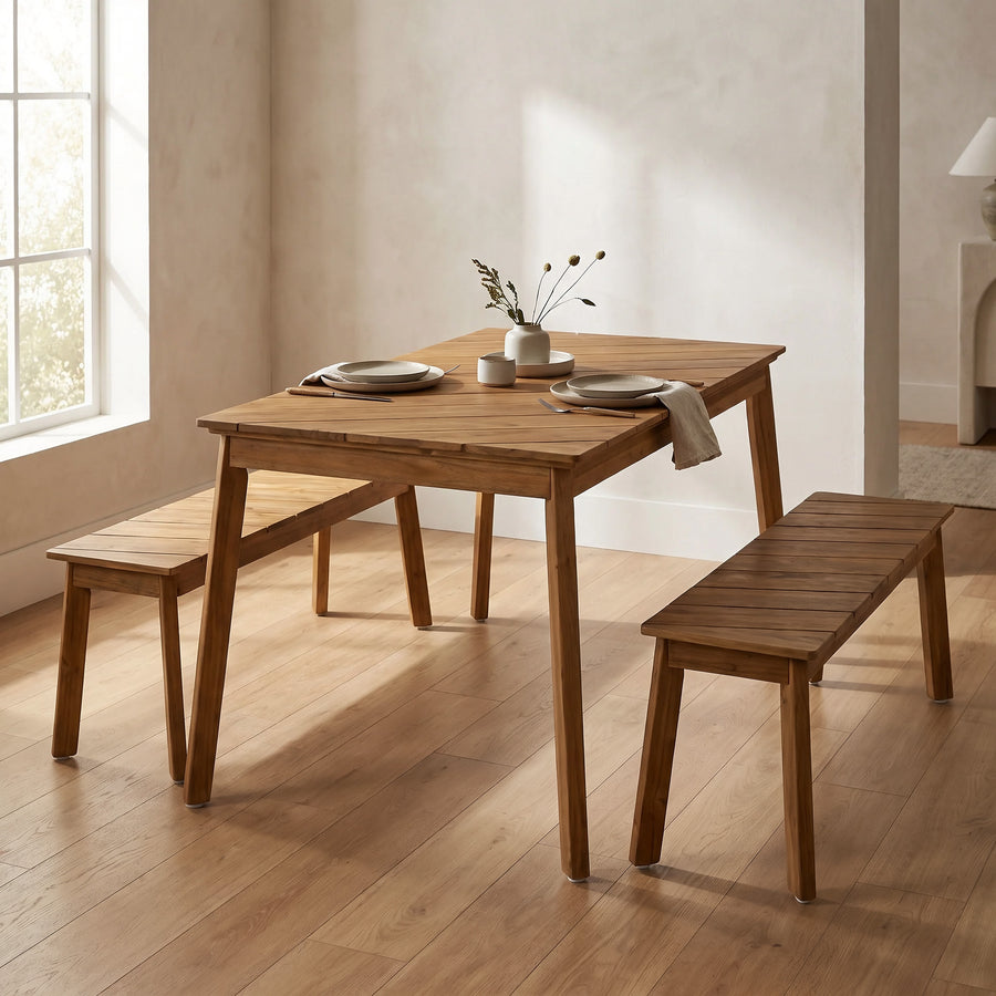 Acacia Wood 3-Piece Dining Table & Bench Set for Patio