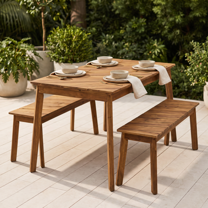 Acacia wood table bench dining set staged outdoors on a patio with place settings