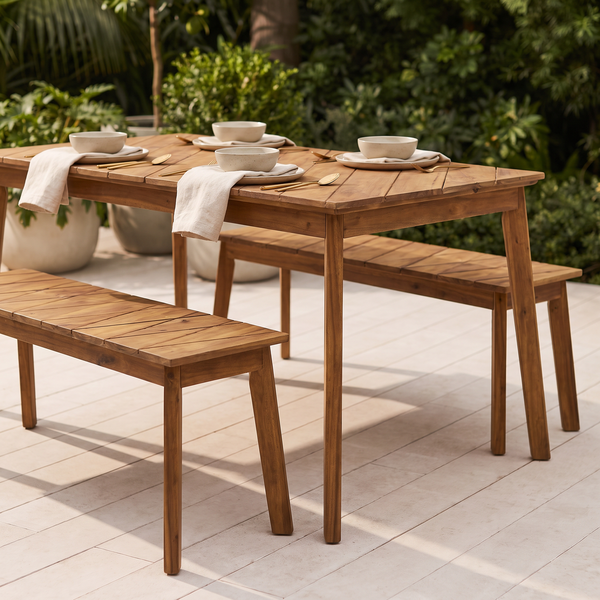 Acacia wood table bench dining set from a second outdoor vantage point