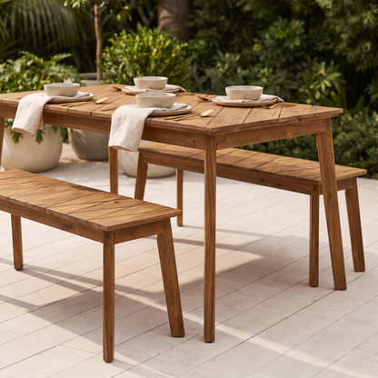 Acacia wood table bench dining set from a second outdoor vantage point