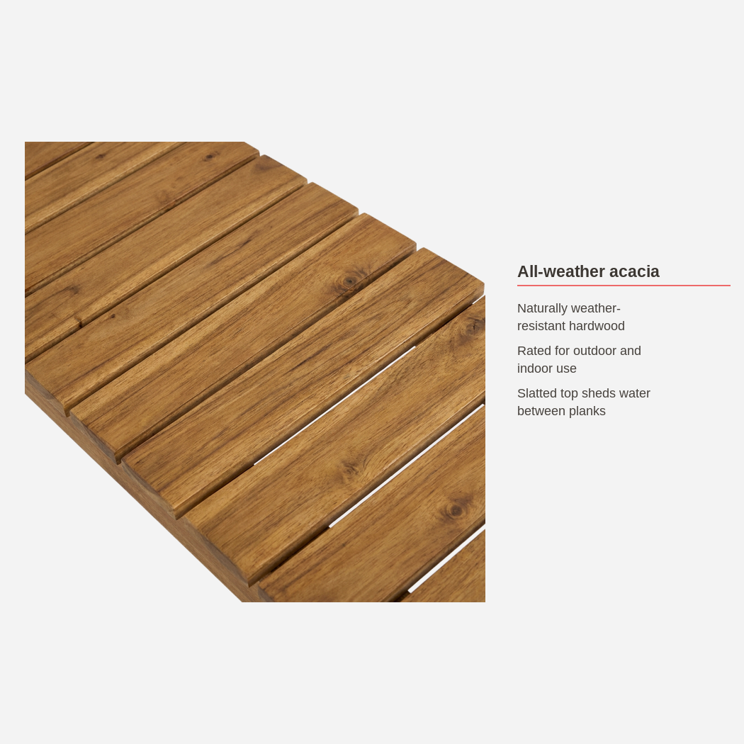 All-weather acacia wood material spec card