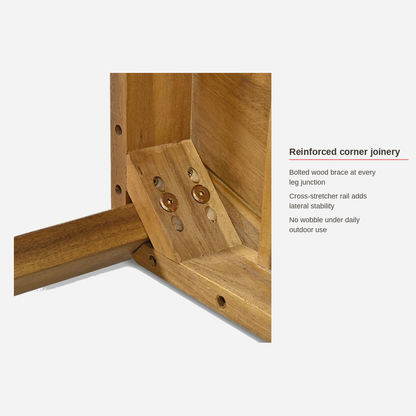 Reinforced corner joinery spec card for the acacia wood table bench set