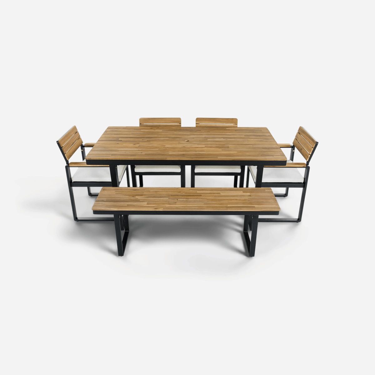 6-piece acacia outdoor dining set with bench, front view, black steel frame and beige cushions