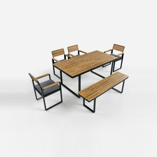 6-piece acacia outdoor dining set with bench, three-quarter view, gray cushions
