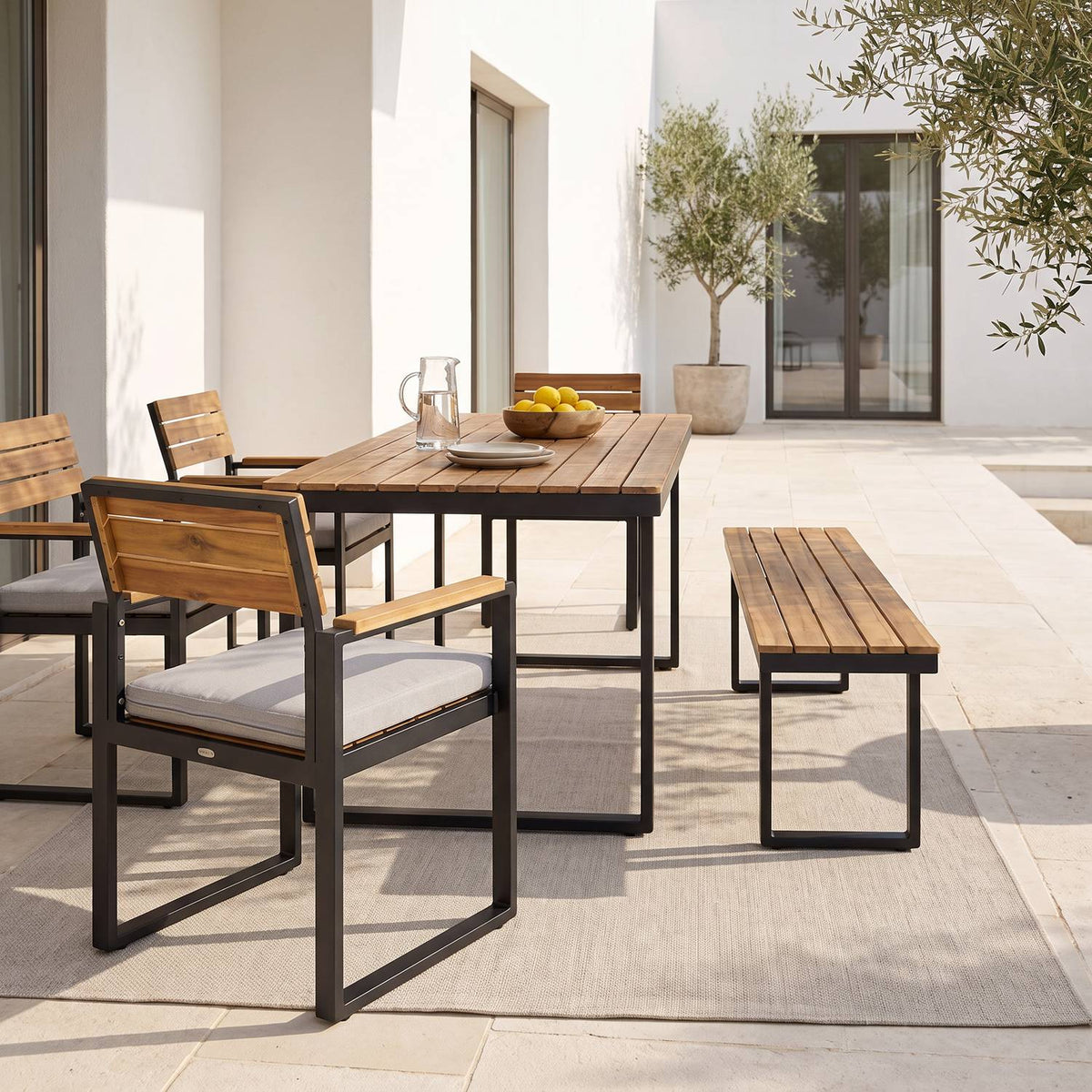 6-Piece Acacia Outdoor Dining Set With Bench, Gray or Beige