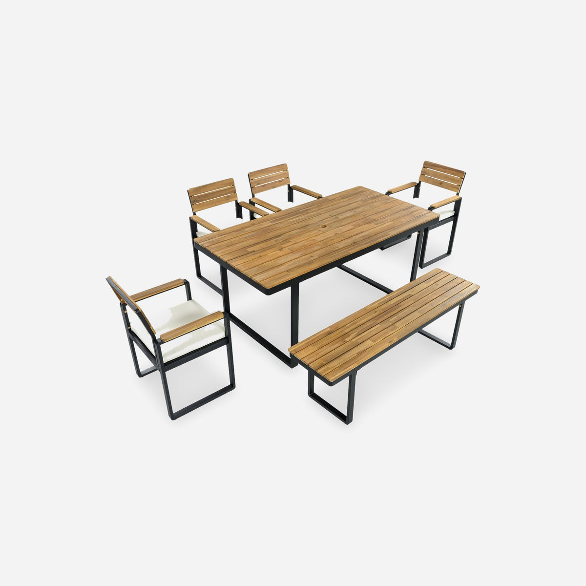6-piece acacia outdoor dining set with bench in beige cushion color