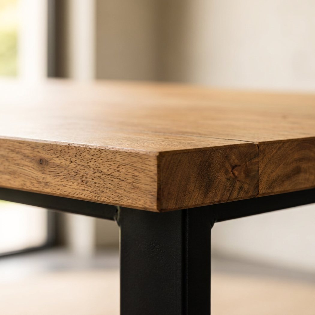 Acacia plank grain and squared edge of the six-seat dining table top above the black iron leg (close-up detail)