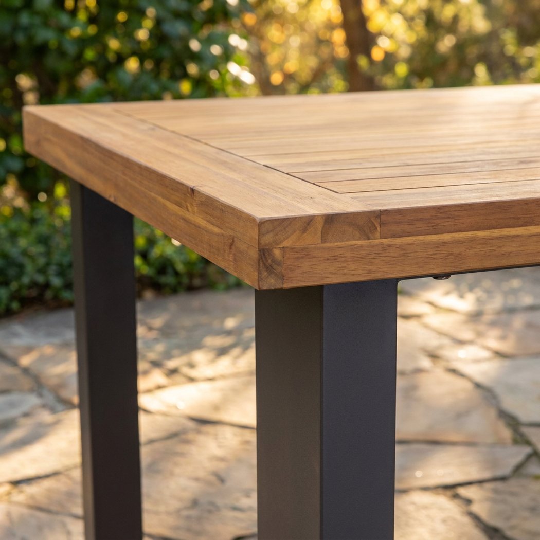 Square matte-black iron leg meeting the framed acacia plank top at the corner of the six-seat dining table (close-up detail)