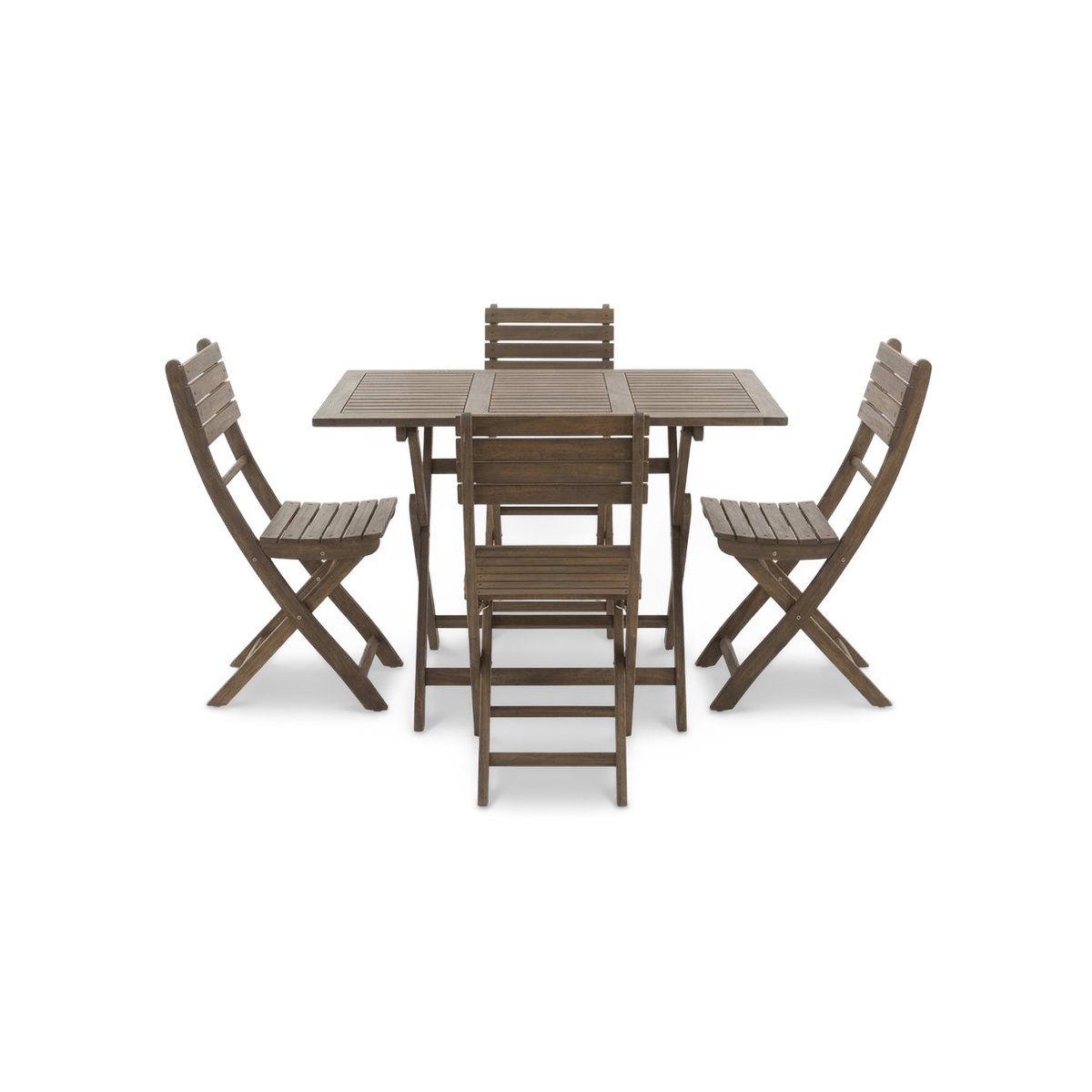 Outdoor folding dining set with an acacia wood table and 4 chairs in gray finish, front view (plain studio)
