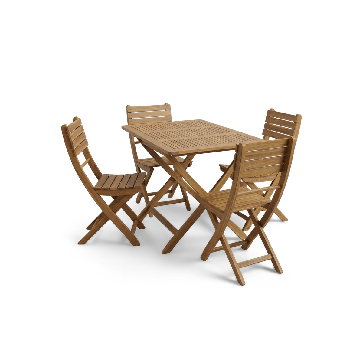 Outdoor folding dining set with an acacia wood table and 4 chairs in natural finish, three-quarter view (plain studio)