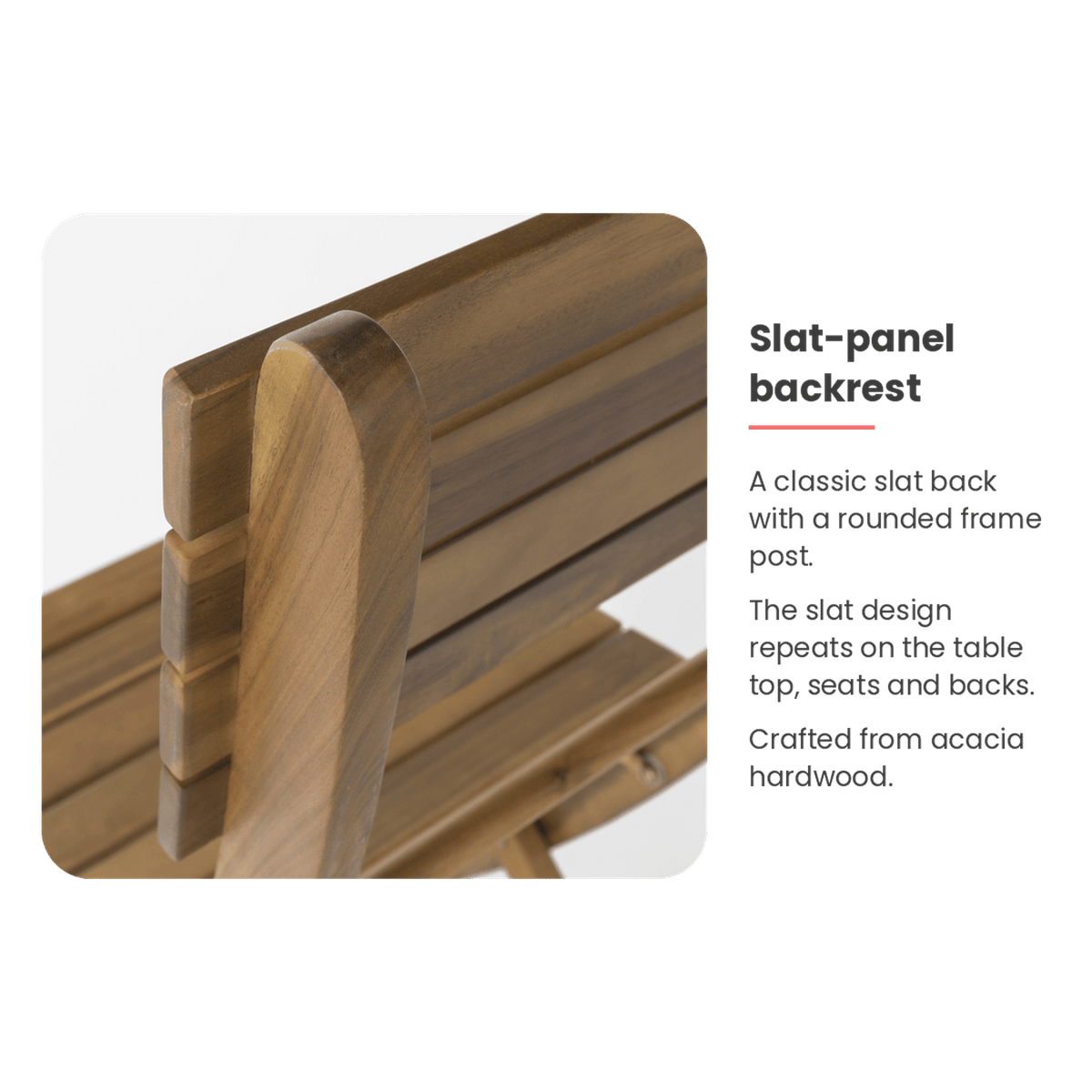 Slat backrest spec card for the acacia folding chair (feature callout)