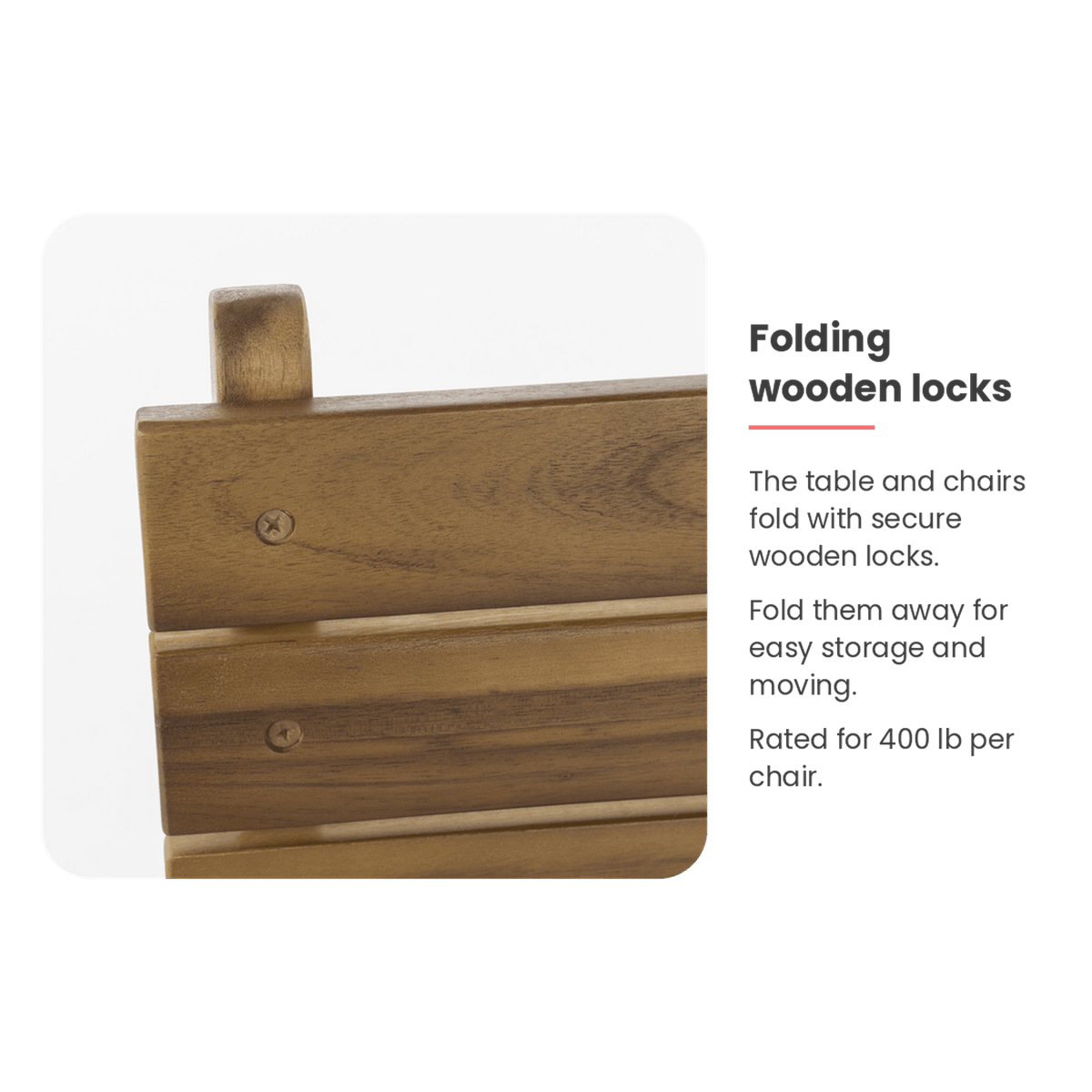 Wooden folding lock spec card for the acacia table and chairs (feature callout)