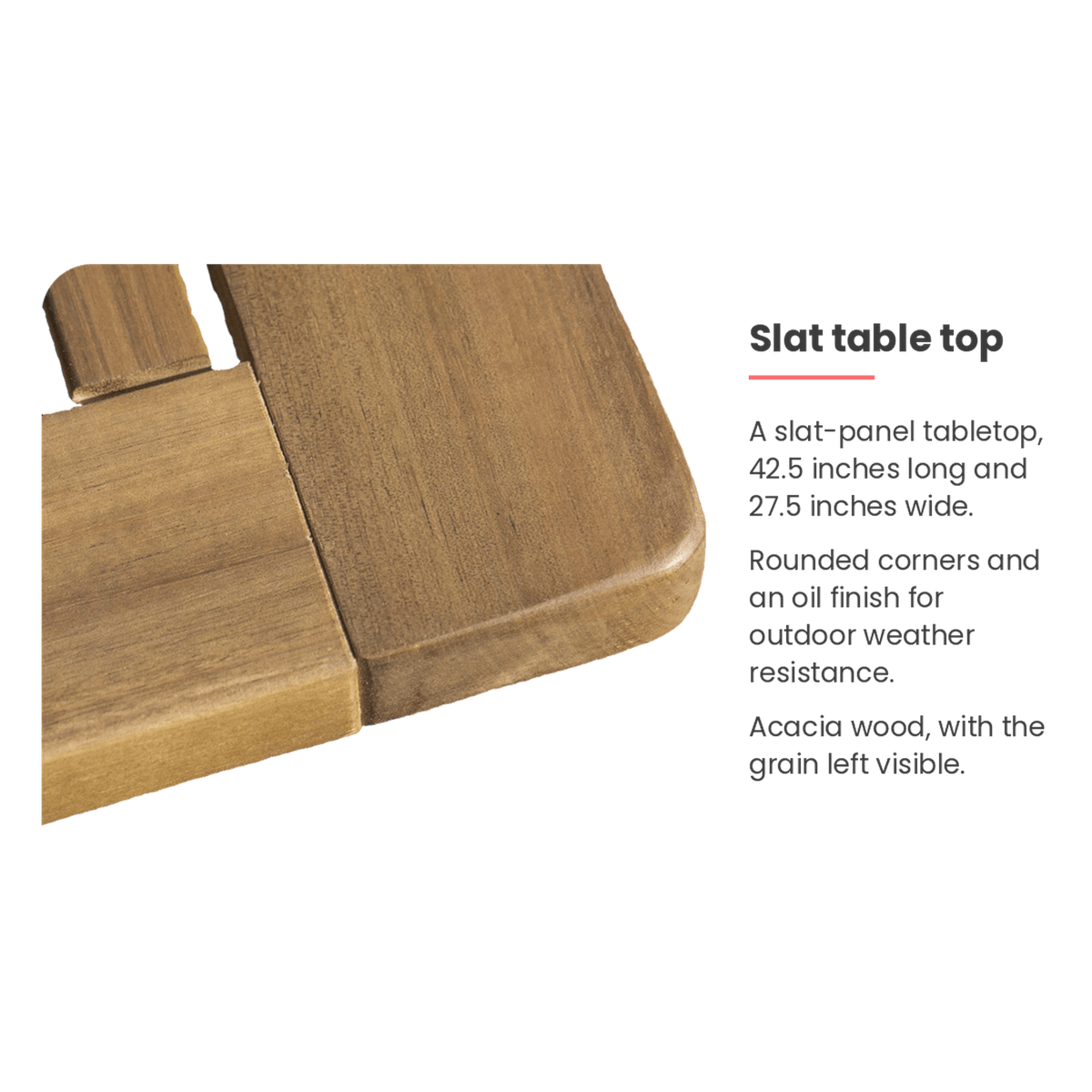 Slat table top spec card for the acacia folding table (feature callout)