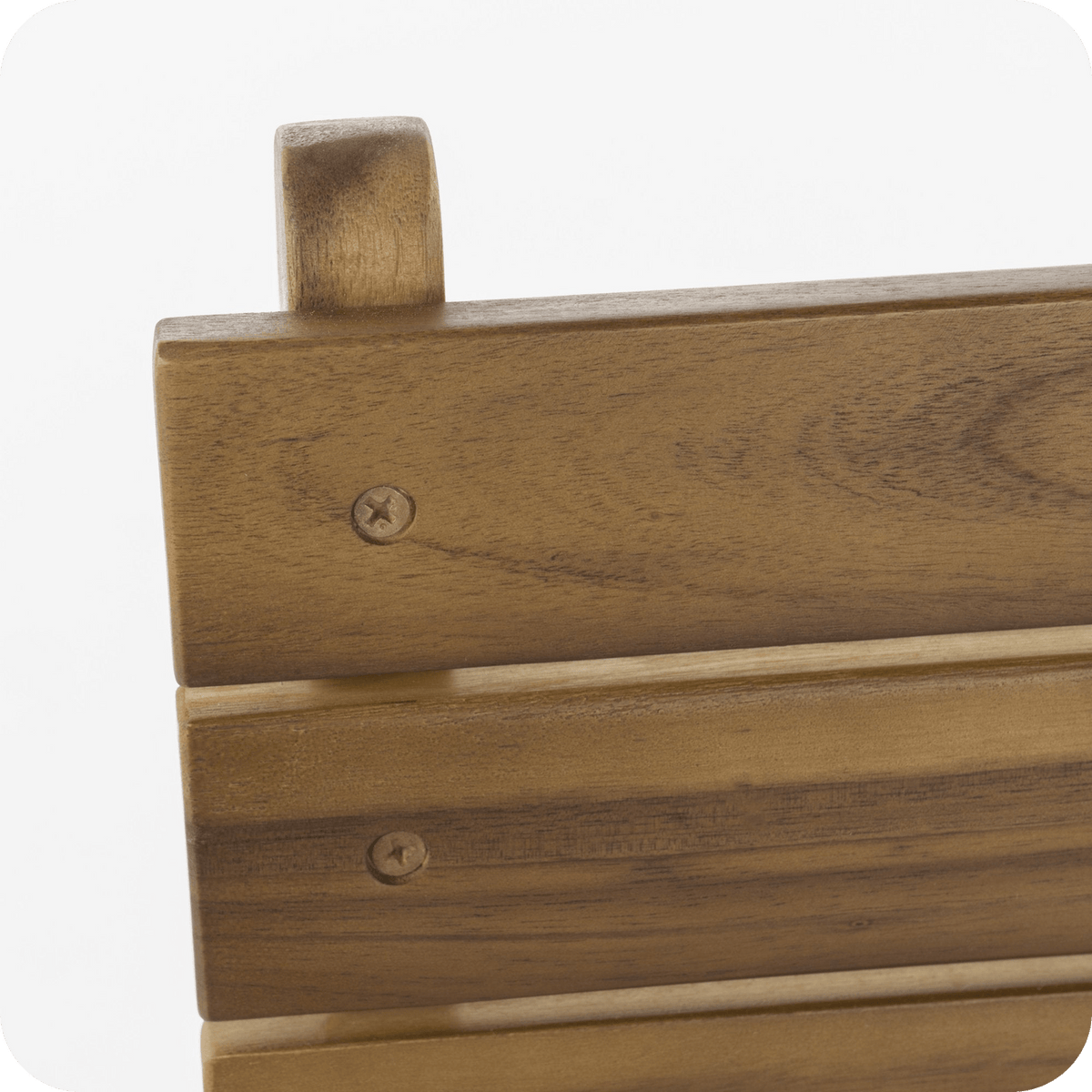 Wooden folding lock on the acacia wood chair frame, close-up (close-up detail)