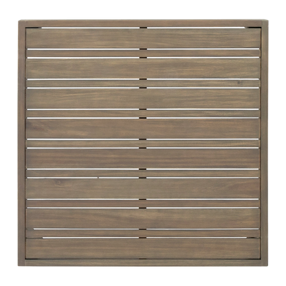 Slatted acacia coffee table top seen from above with drainage gaps between boards, close-up detail