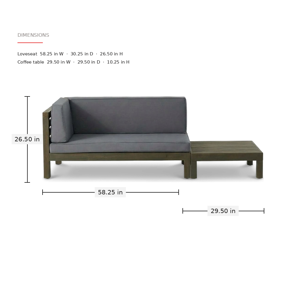 Measured drawing of the loveseat and coffee table with width, depth and height in inches (feature callout)