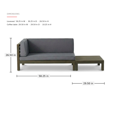 Measured drawing of the loveseat and coffee table with width, depth and height in inches (feature callout)