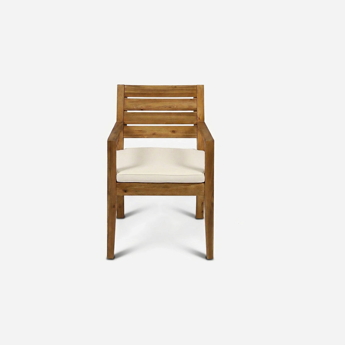 Acacia wood dining chairs, straight front view on a light grey studio ground